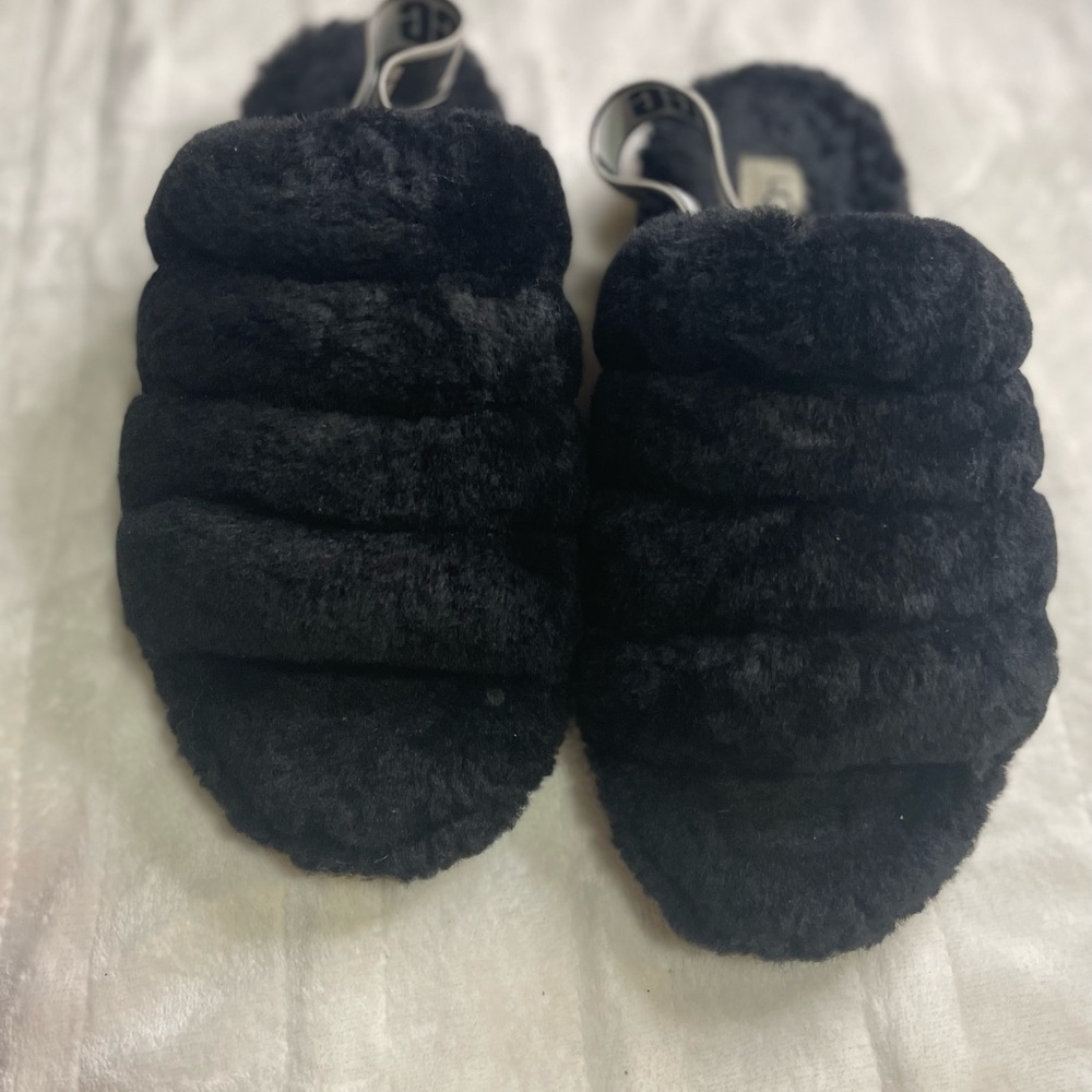 UGG Black Faux Fur Slide Sandals with Branded Heel Strap
